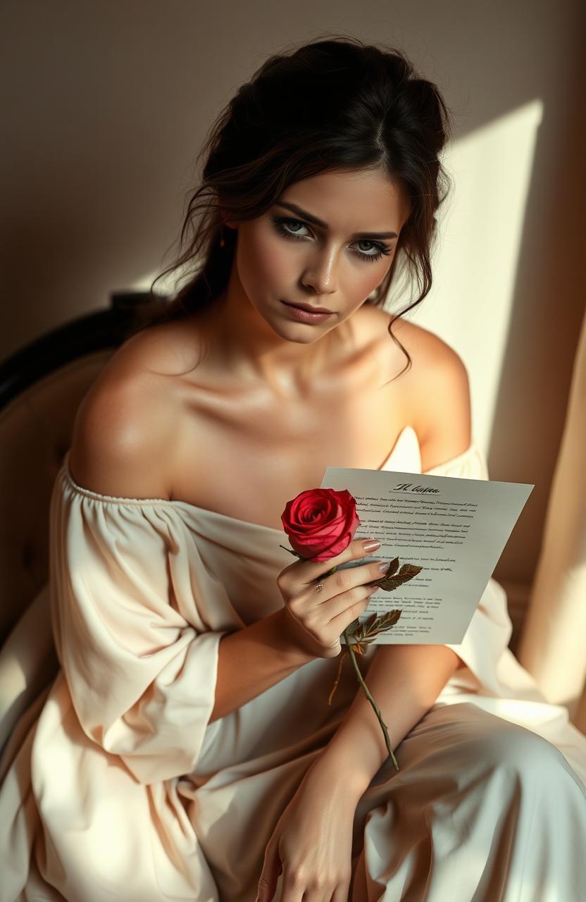 A beautiful and elegant woman with a sad expression holding a letter and a dried rose