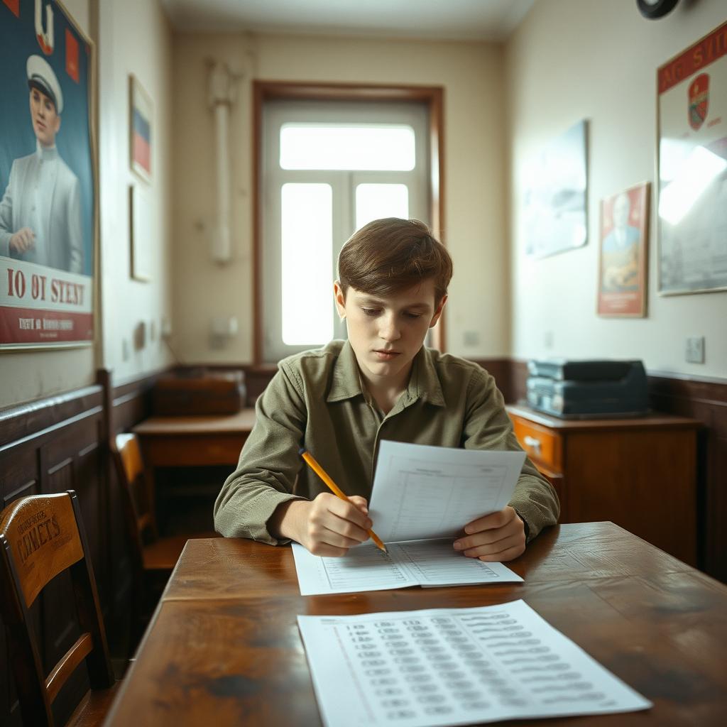 A young Soviet citizen sitting at a table engaged in an IQ test, surrounded by the interior of a typical Soviet testing room