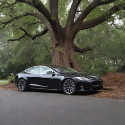 The sleek Tesla car, previously parked in the driveway, abruptly crashes into a large tree. The scene suggests sudden chaos amidst the backdrop of opulence.