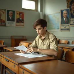 A young Soviet citizen sitting at a table engaged in an IQ test, surrounded by the interior of a typical Soviet testing room