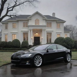 A solemn scene depicting the luxurious mansion and Tesla car against a gloomy backdrop, hinting at the sorrowful event of the wealthy individual's passing.