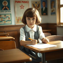 A young Soviet girl sitting at a desk in a traditional Soviet classroom, undergoing an IQ test