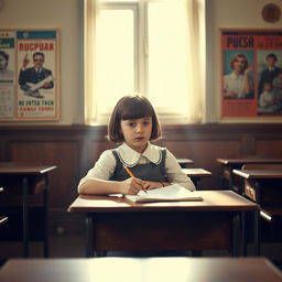 A young Soviet girl sitting at a desk in a traditional Soviet classroom, undergoing an IQ test