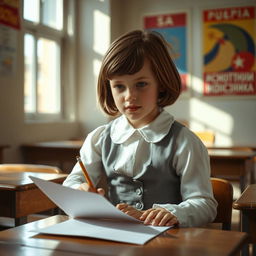 A young Soviet girl sitting at a desk in a traditional Soviet classroom, undergoing an IQ test