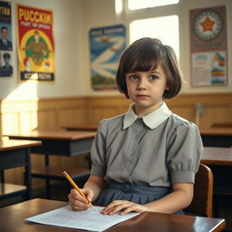 A young Soviet girl sitting at a desk in a traditional Soviet classroom, undergoing an IQ test