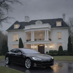 A solemn scene depicting the luxurious mansion and Tesla car against a gloomy backdrop, hinting at the sorrowful event of the wealthy individual's passing.