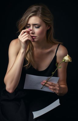 A beautiful and graceful woman with a pale complexion is sitting down, crying as she holds a letter in one hand and a dry rose in the other