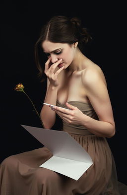 A beautiful and graceful woman with a pale complexion is sitting down, crying as she holds a letter in one hand and a dry rose in the other