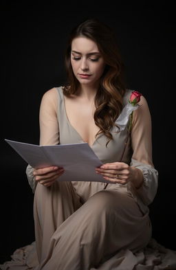 A beautiful and graceful woman with a pale complexion is sitting down, crying as she holds a letter in one hand and a dry rose in the other