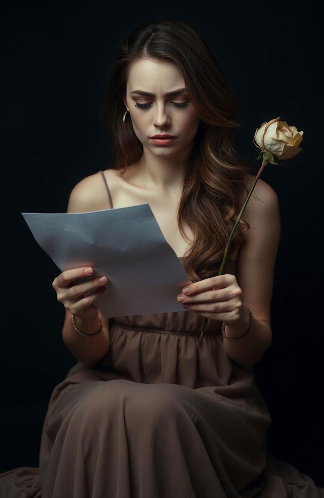 A beautiful and graceful woman with a pale complexion is sitting down, crying as she holds a letter in one hand and a dry rose in the other