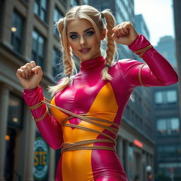 A stunning young superheroine dressed in a vibrant, form-fitting spandex outfit that accentuates her curves
