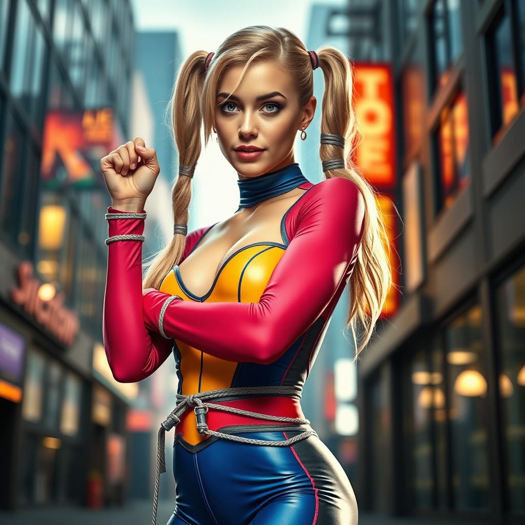 A stunning young superheroine dressed in a vibrant, form-fitting spandex outfit that accentuates her curves