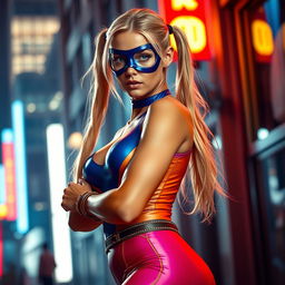 A stunning young superheroine dressed in a vibrant, form-fitting spandex outfit that accentuates her curves