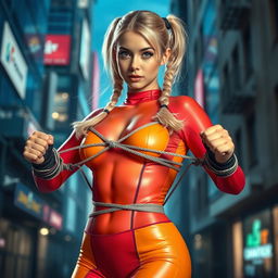 A stunning young superheroine dressed in a vibrant, form-fitting spandex outfit that accentuates her curves