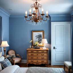 A beautifully decorated bedroom featuring calming blue tones
