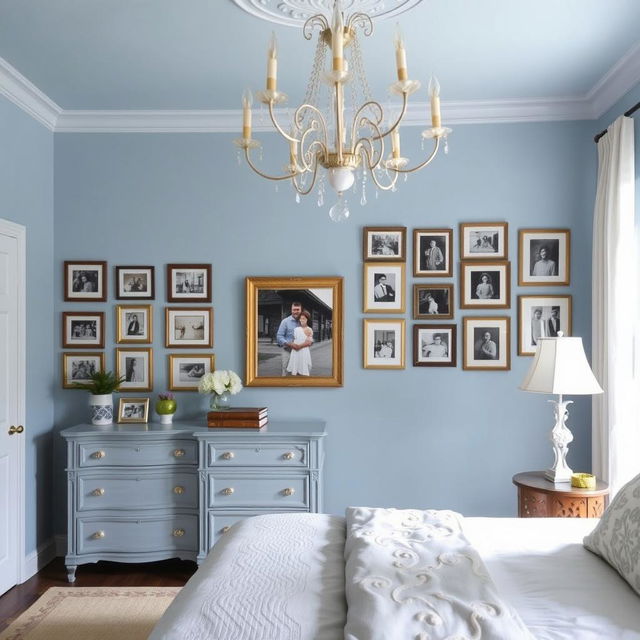 A beautifully decorated bedroom featuring calming blue tones