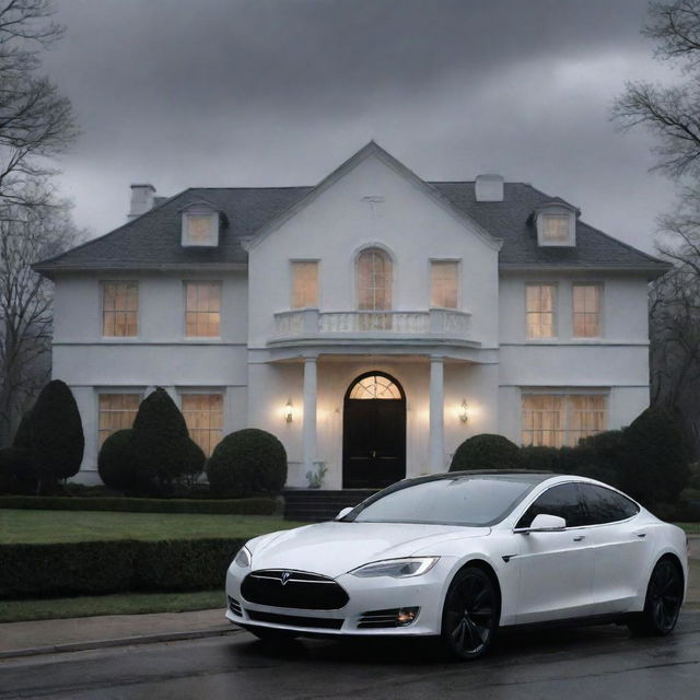 A solemn scene depicting the luxurious mansion and Tesla car against a gloomy backdrop, hinting at the sorrowful event of the wealthy individual's passing.