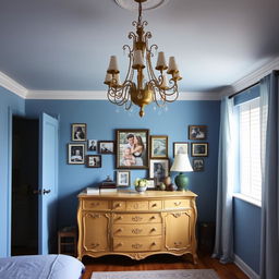 A beautifully decorated bedroom featuring calming blue tones