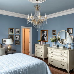 A beautifully decorated bedroom featuring calming blue tones