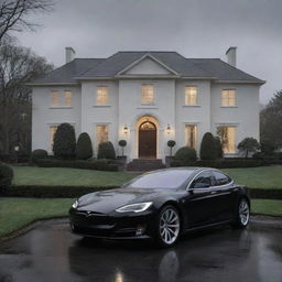 A solemn scene depicting the luxurious mansion and Tesla car against a gloomy backdrop, hinting at the sorrowful event of the wealthy individual's passing.