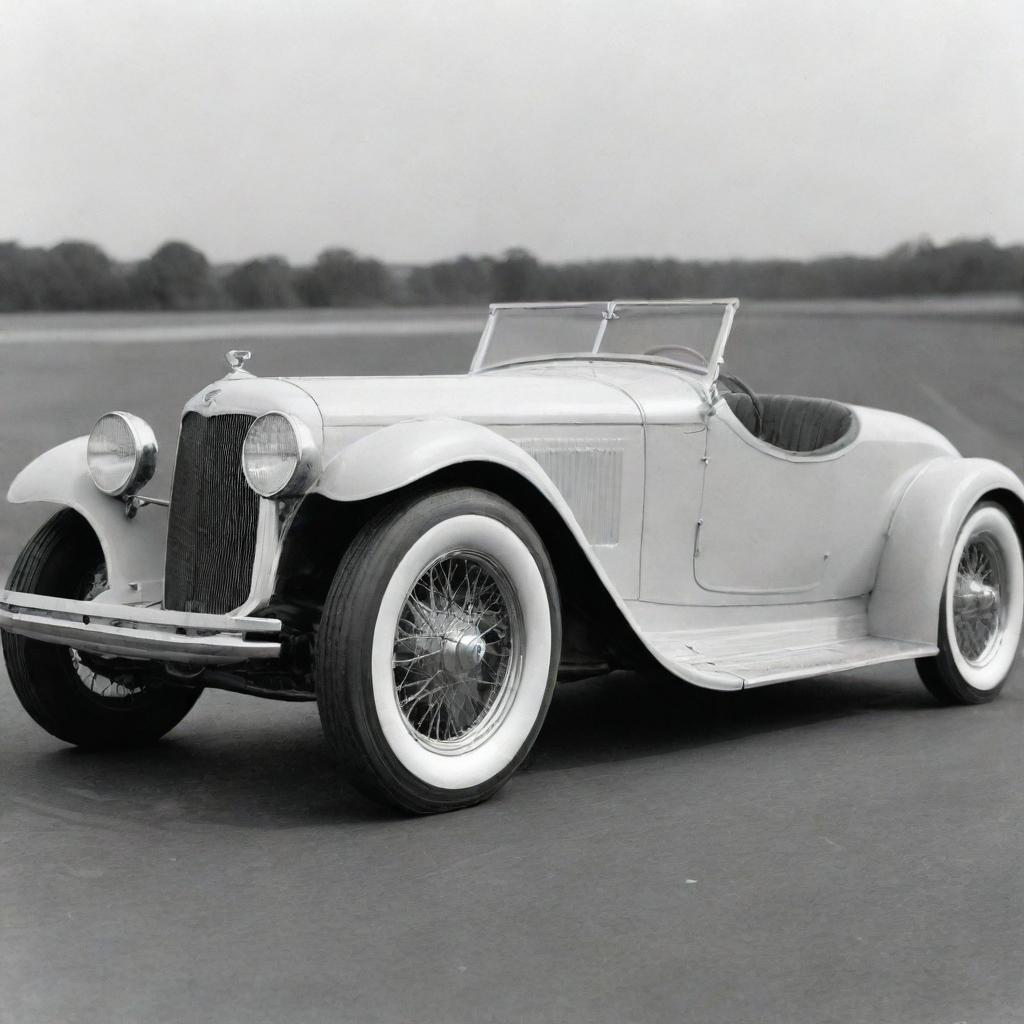 A speculative visualization of a NASCAR race car from the 1930s, predating the official establishment of NASCAR. The car might resemble a modified version of the era's sedans with sturdier suspension, reinforced bodywork, whitewall tires, and a pre-war engine roar