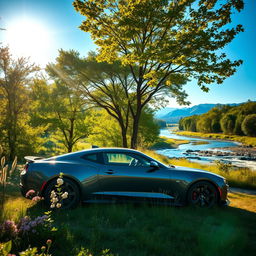 A stunning high-definition image of a car parked in a picturesque natural landscape