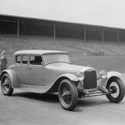 A speculative image of a NASCAR car from the 1920s, representing the pre-NASCAR era. It would be a modified sedan of the 20s, featuring tall, boxy design, large vintage wheels, rudimentary modifications for racing, and the unmistakable noise of a vintage four-cylinder engine