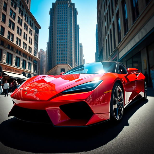 A modern sports car parked on a vibrant city street, surrounded by tall buildings and bustling urban life