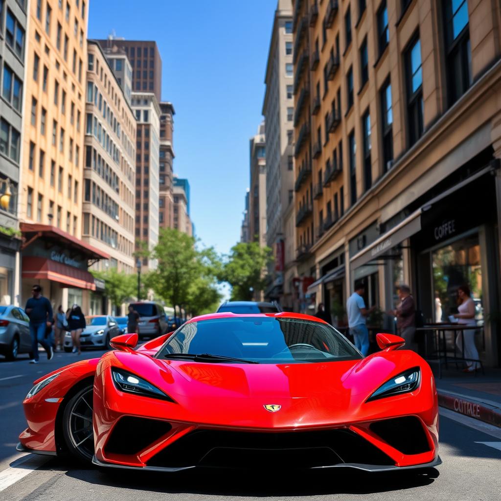 A modern sports car parked on a vibrant city street, surrounded by tall buildings and bustling urban life