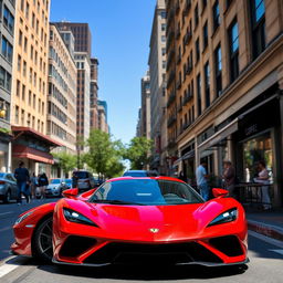 A modern sports car parked on a vibrant city street, surrounded by tall buildings and bustling urban life