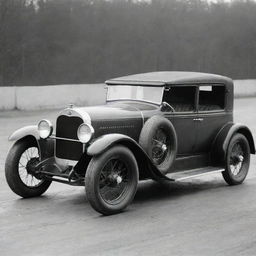 A speculative image of a NASCAR car from the 1920s, representing the pre-NASCAR era. It would be a modified sedan of the 20s, featuring tall, boxy design, large vintage wheels, rudimentary modifications for racing, and the unmistakable noise of a vintage four-cylinder engine