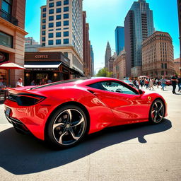 A modern sports car parked on a vibrant city street, surrounded by tall buildings and bustling urban life