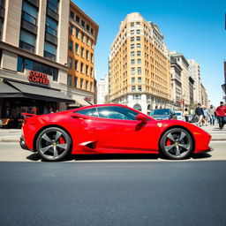 A modern sports car parked on a vibrant city street, surrounded by tall buildings and bustling urban life