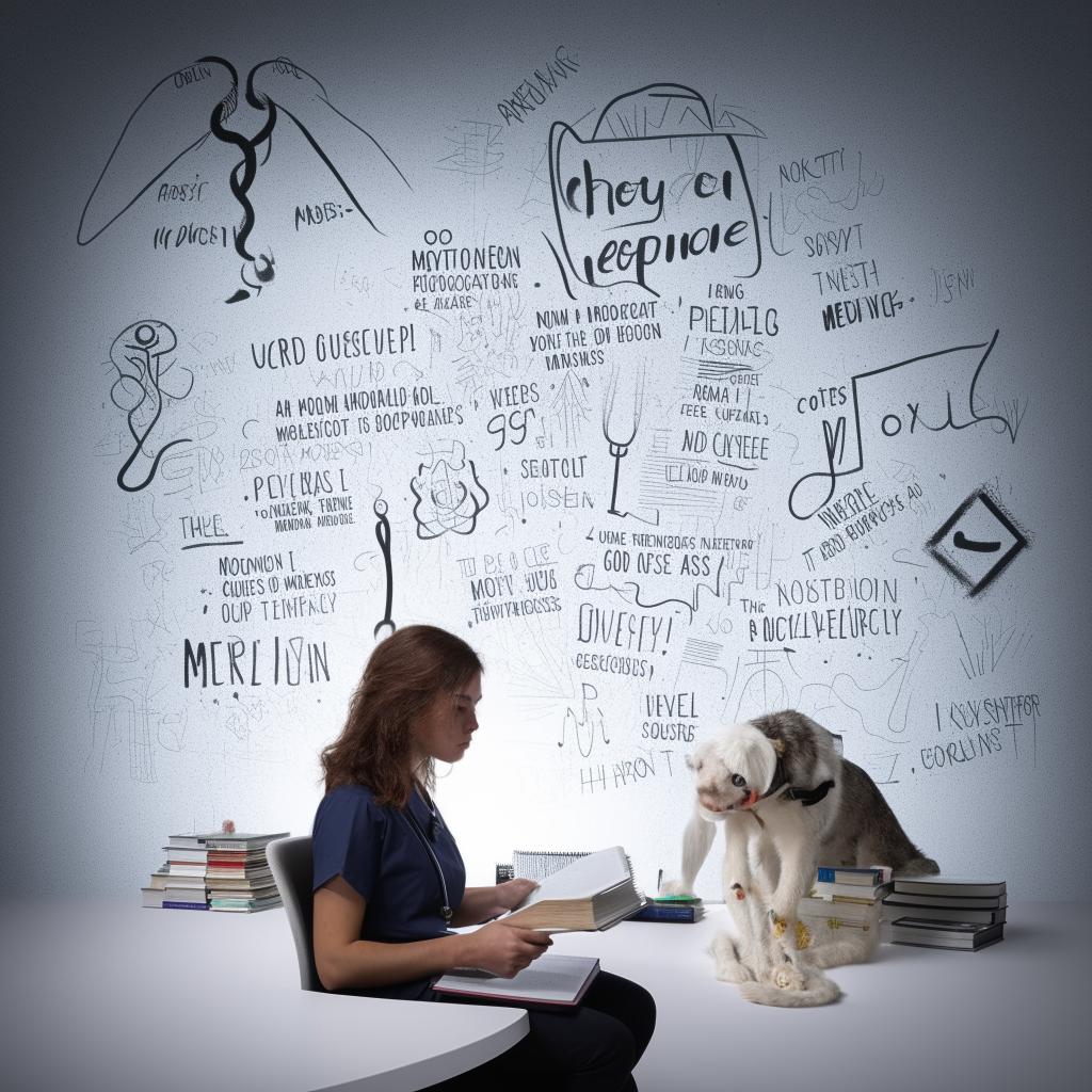 A determined individual pouring over medical textbooks, surrounded by motivational quotes and symbols of medical profession