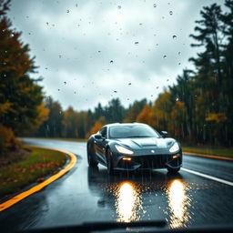 A sleek, modern car driving on a winding road during a rainy day