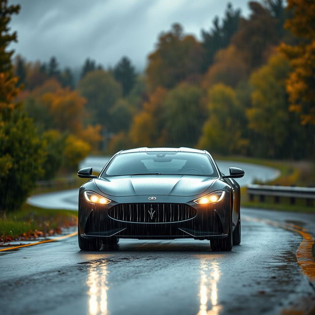 A sleek, modern car driving on a winding road during a rainy day