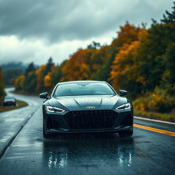 A sleek, modern car driving on a winding road during a rainy day
