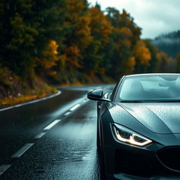 A sleek, modern car driving on a winding road during a rainy day