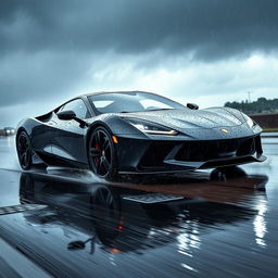 A powerful sports car driving on a rain-soaked road during heavy rainfall