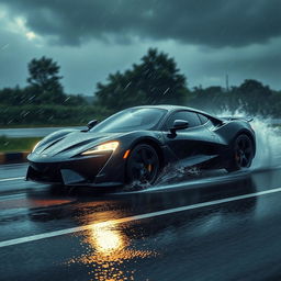 A powerful sports car driving on a rain-soaked road during heavy rainfall