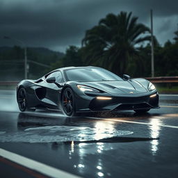 A powerful sports car driving on a rain-soaked road during heavy rainfall