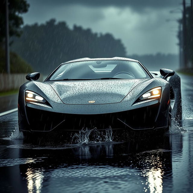 A powerful sports car driving on a rain-soaked road during heavy rainfall