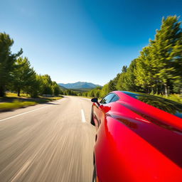 A sleek sports car speeding down an open road surrounded by lush green trees and a clear blue sky