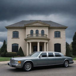 An emotional image portraying a rich person's large mansion with a luxury car standing still, under a somber sky, indicating the person's unfortunate demise.