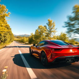 A sleek sports car speeding down an open road surrounded by lush green trees and a clear blue sky