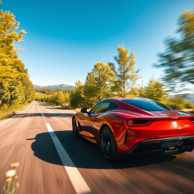 A sleek sports car speeding down an open road surrounded by lush green trees and a clear blue sky