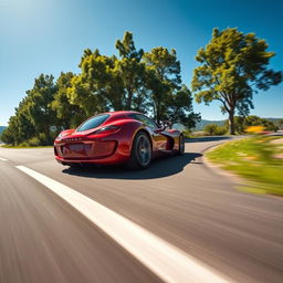 A sleek sports car speeding down an open road surrounded by lush green trees and a clear blue sky