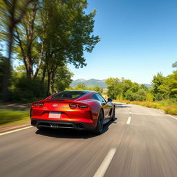 A sleek sports car speeding down an open road surrounded by lush green trees and a clear blue sky