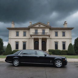 An emotional image portraying a rich person's large mansion with a luxury car standing still, under a somber sky, indicating the person's unfortunate demise.