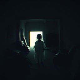 A hyper-realistic scene captured from a distance on security camera footage, depicting a ghostly child in a dimly lit, abandoned building